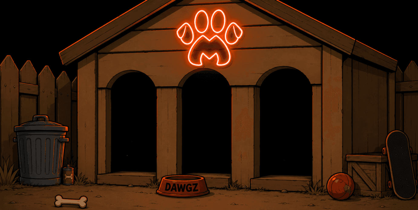 Mad Dawgz doghouse with a glowing neon paw sign